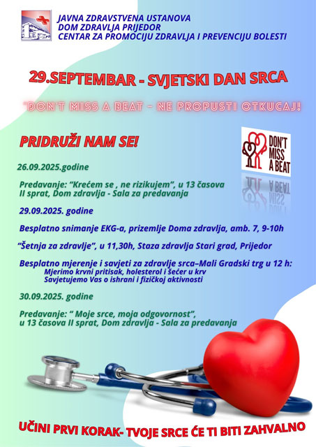 Besplatno snimanje EKG-a, mjerenje pristiska, holesterola i šećera u krvi povodom Svjetskog dana srca Besplatno snimanje EKG-a, mjerenje pristiska, holesterola i šećera u krvi povodom Svjetskog dana srca